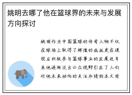 姚明去哪了他在篮球界的未来与发展方向探讨